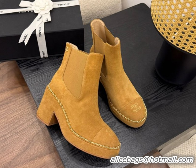Unique Style Chanel Suede Heel Platform Ankle Boots with Chain Brown 2025 CH083005