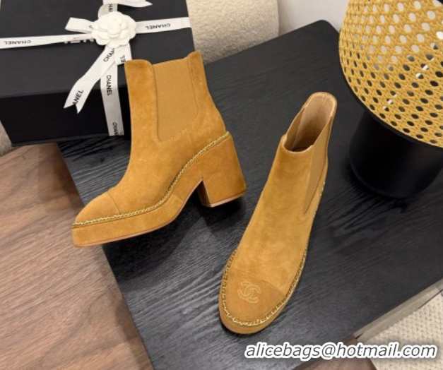 Unique Style Chanel Suede Heel Platform Ankle Boots with Chain Brown 2025 CH083005