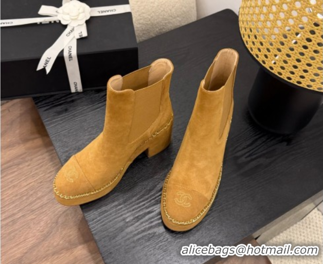 Unique Style Chanel Suede Heel Platform Ankle Boots with Chain Brown 2025 CH083005