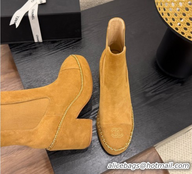 Unique Style Chanel Suede Heel Platform Ankle Boots with Chain Brown 2025 CH083005