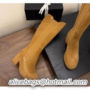Charming Chanel Suede Heel Platform High Boots with Chain Brown 2025 CH083005