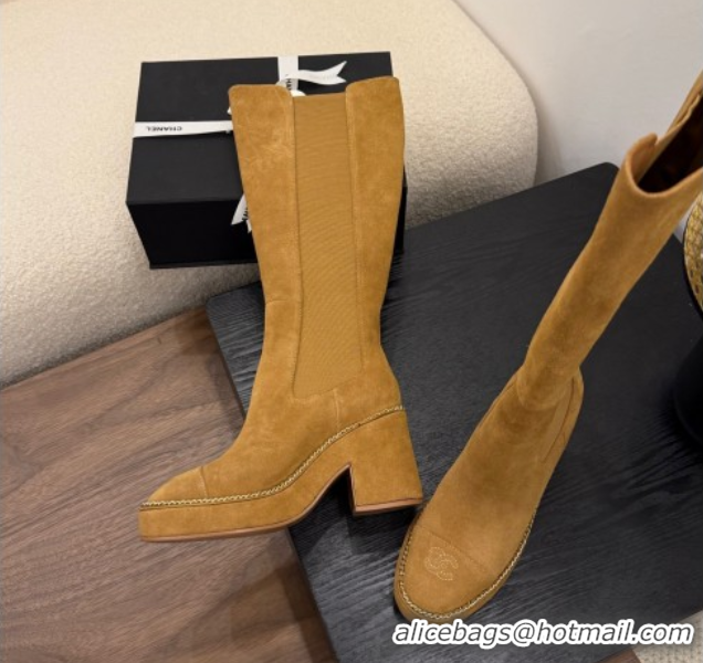 Charming Chanel Suede Heel Platform High Boots with Chain Brown 2025 CH083005
