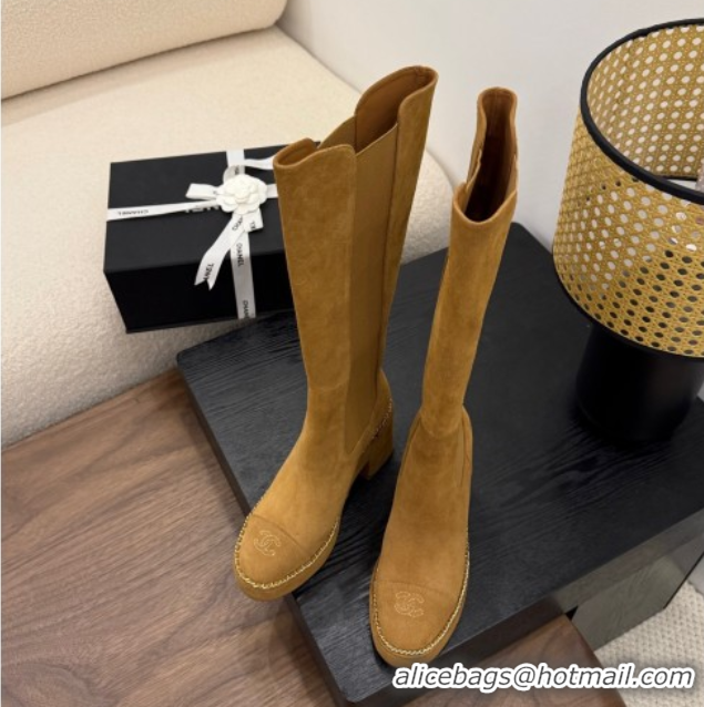 Charming Chanel Suede Heel Platform High Boots with Chain Brown 2025 CH083005
