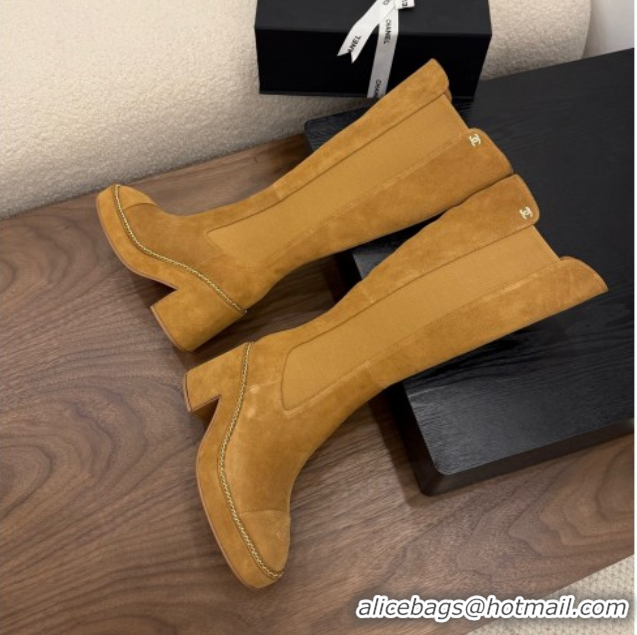 Charming Chanel Suede Heel Platform High Boots with Chain Brown 2025 CH083005