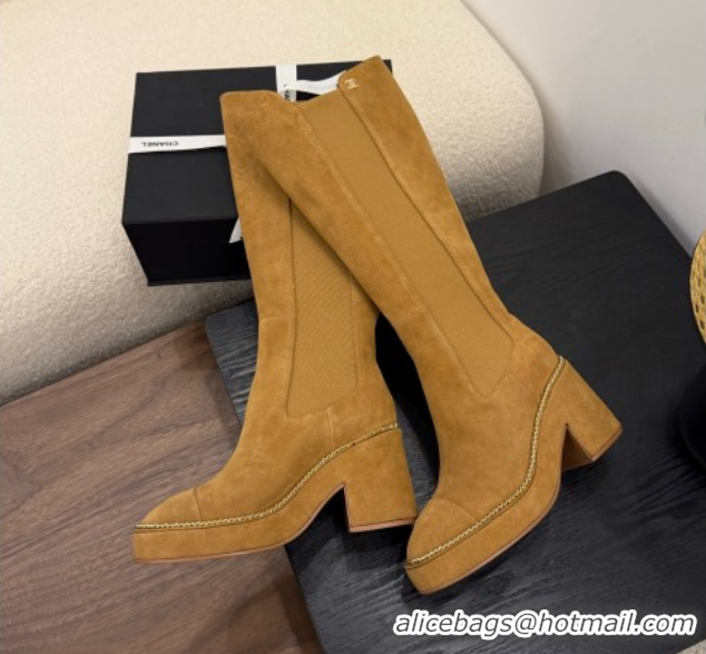 Charming Chanel Suede Heel Platform High Boots with Chain Brown 2025 CH083005
