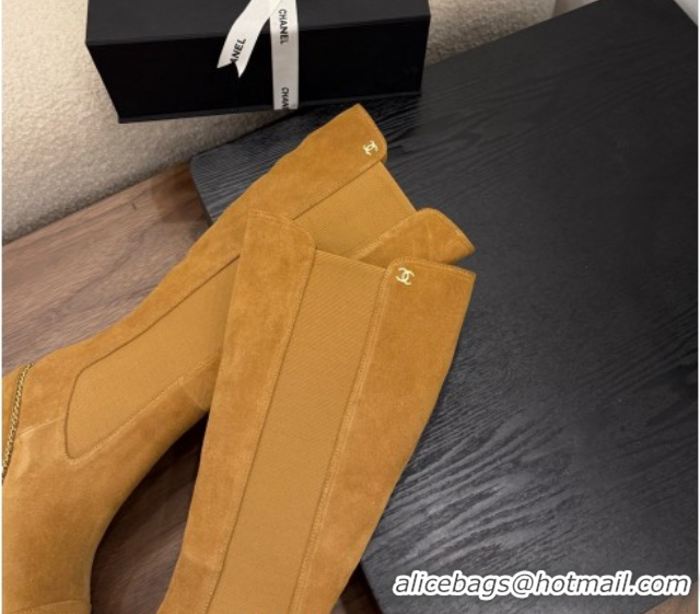 Charming Chanel Suede Heel Platform High Boots with Chain Brown 2025 CH083005