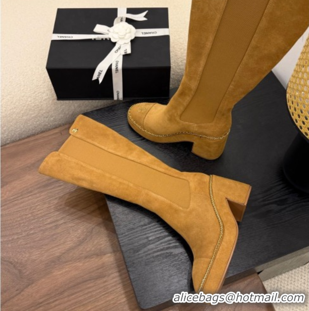 Charming Chanel Suede Heel Platform High Boots with Chain Brown 2025 CH083005
