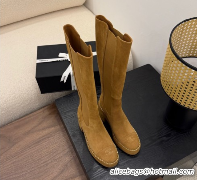 Charming Chanel Suede Heel Platform High Boots with Chain Brown 2025 CH083005