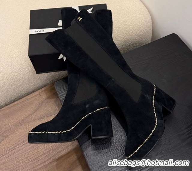 Luxury Chanel Suede Heel Platform High Boots with Chain Black 2025 CH083005