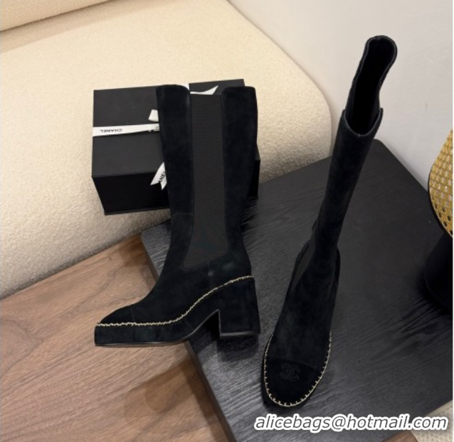 Luxury Chanel Suede Heel Platform High Boots with Chain Black 2025 CH083005