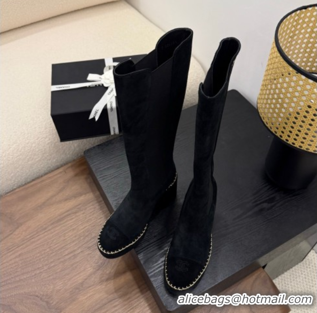 Luxury Chanel Suede Heel Platform High Boots with Chain Black 2025 CH083005
