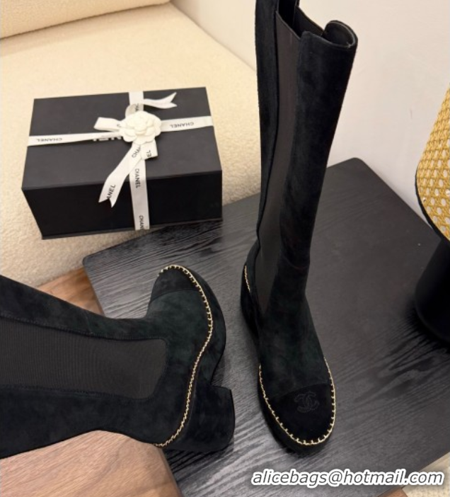 Luxury Chanel Suede Heel Platform High Boots with Chain Black 2025 CH083005