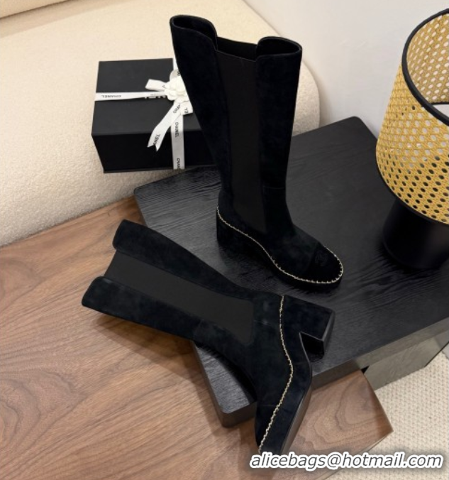 Luxury Chanel Suede Heel Platform High Boots with Chain Black 2025 CH083005