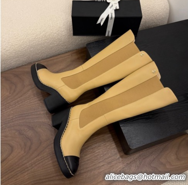 Fashion Chanel Calfskin Leather Heel Platform High Boots with Chain Beige Yellow 2025 CH083005