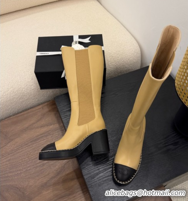 Fashion Chanel Calfskin Leather Heel Platform High Boots with Chain Beige Yellow 2025 CH083005