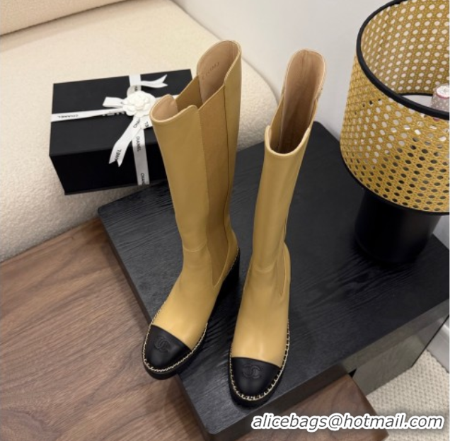Fashion Chanel Calfskin Leather Heel Platform High Boots with Chain Beige Yellow 2025 CH083005
