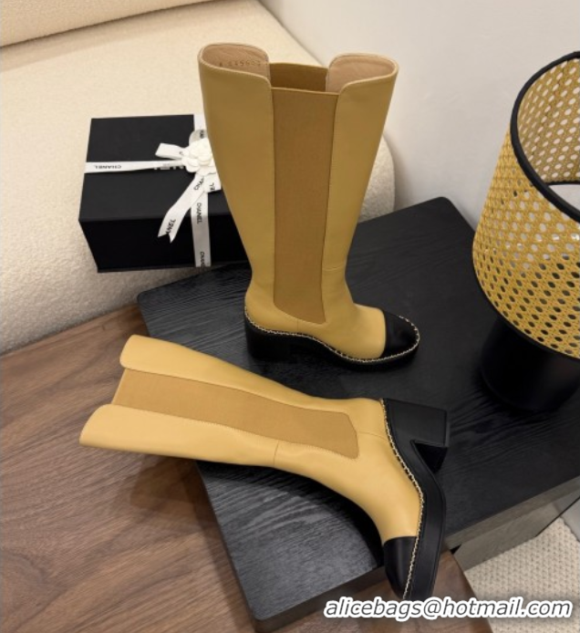 Fashion Chanel Calfskin Leather Heel Platform High Boots with Chain Beige Yellow 2025 CH083005
