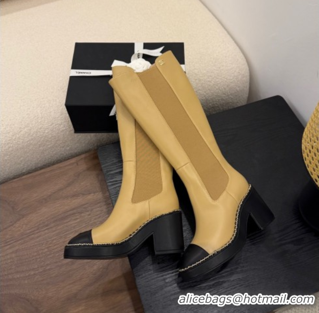Fashion Chanel Calfskin Leather Heel Platform High Boots with Chain Beige Yellow 2025 CH083005