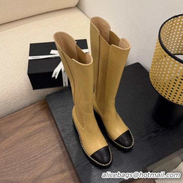 Fashion Chanel Calfskin Leather Heel Platform High Boots with Chain Beige Yellow 2025 CH083005