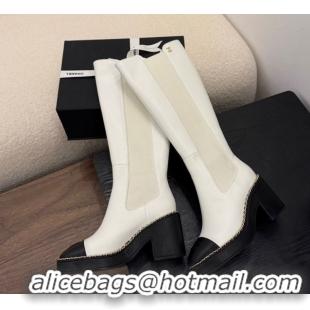 Luxury Chanel Calfskin Leather Heel Platform High Boots with Chain White 2025 CH083005
