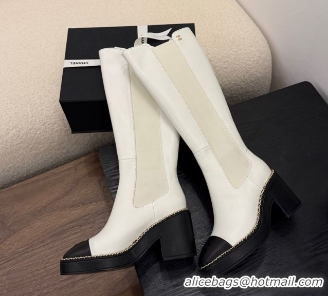 Luxury Chanel Calfskin Leather Heel Platform High Boots with Chain White 2025 CH083005