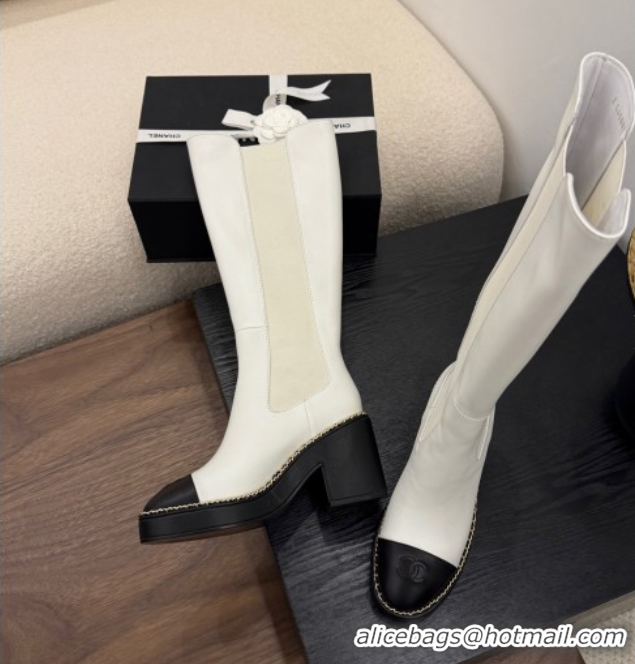 Luxury Chanel Calfskin Leather Heel Platform High Boots with Chain White 2025 CH083005