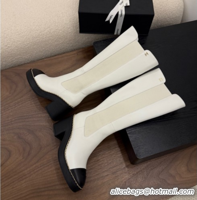 Luxury Chanel Calfskin Leather Heel Platform High Boots with Chain White 2025 CH083005