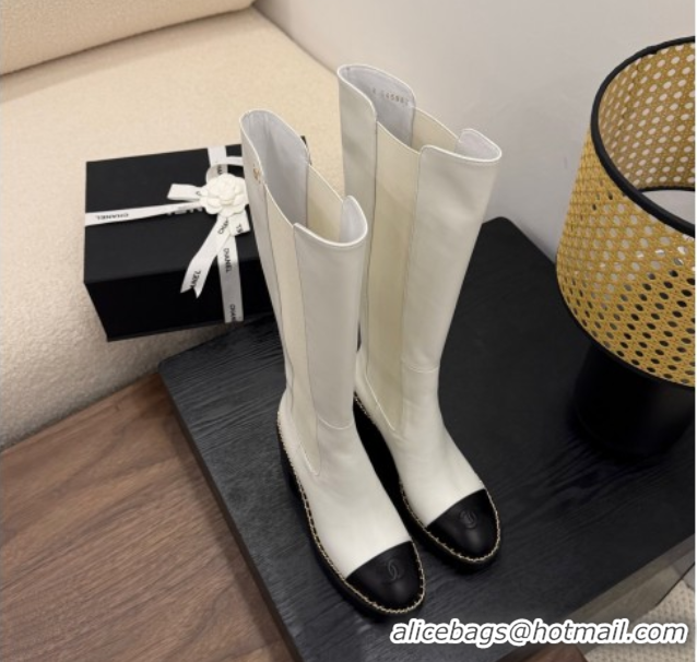 Luxury Chanel Calfskin Leather Heel Platform High Boots with Chain White 2025 CH083005