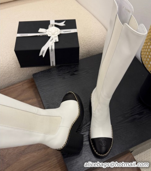 Luxury Chanel Calfskin Leather Heel Platform High Boots with Chain White 2025 CH083005