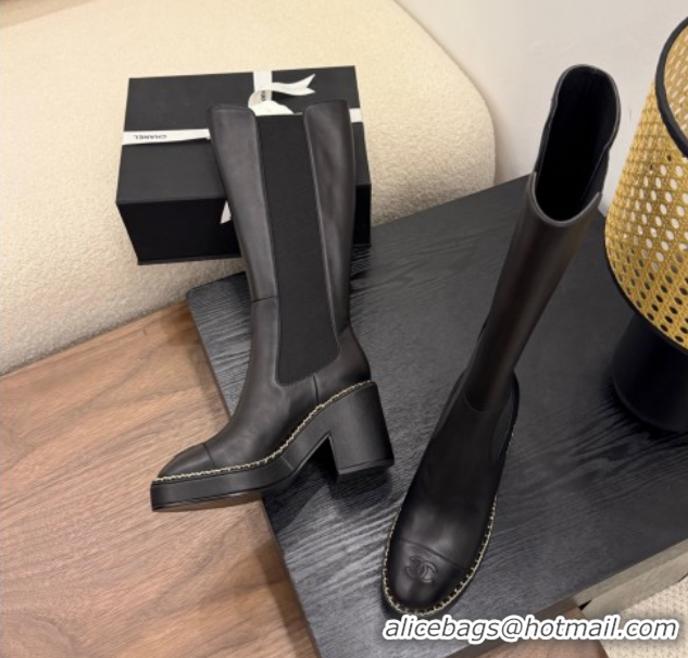 Top Grade Chanel Calfskin Leather Heel Platform High Boots with Chain Black 2025 CH083005