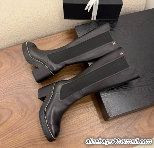 Top Grade Chanel Calfskin Leather Heel Platform High Boots with Chain Black 2025 CH083005