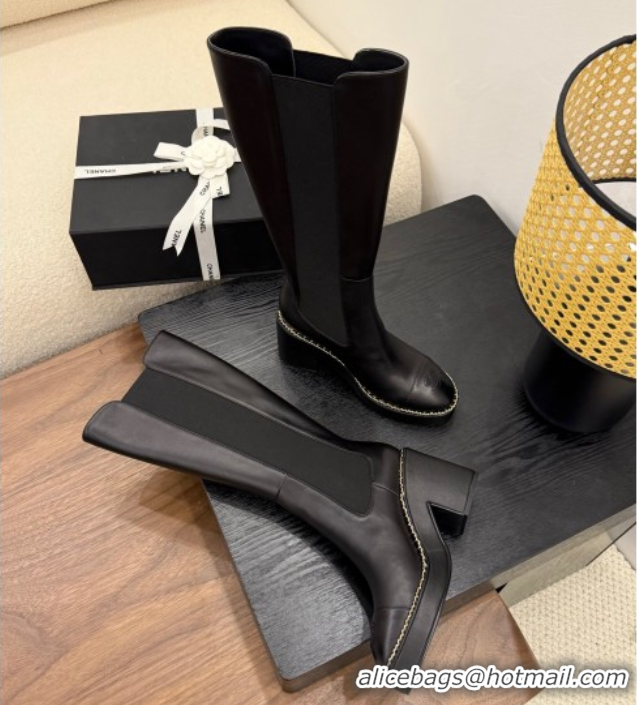 Top Grade Chanel Calfskin Leather Heel Platform High Boots with Chain Black 2025 CH083005