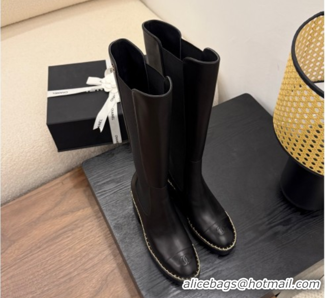 Top Grade Chanel Calfskin Leather Heel Platform High Boots with Chain Black 2025 CH083005