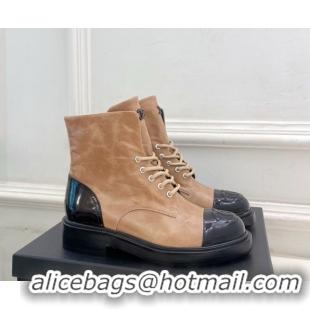 Luxurious Chanel Patent & Calfskin Laced-up Ankle Boots 3.5cm Beige 2025 CH083006