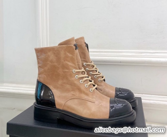 Luxurious Chanel Patent & Calfskin Laced-up Ankle Boots 3.5cm Beige 2025 CH083006