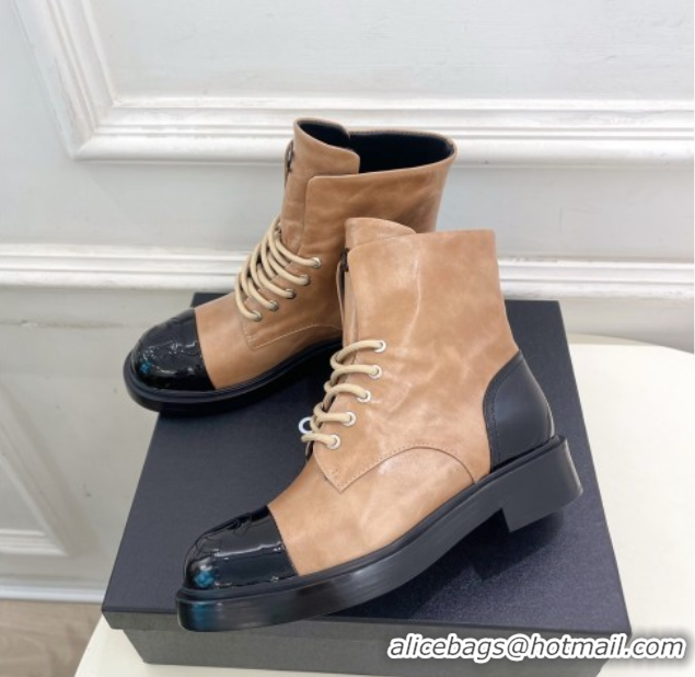 Luxurious Chanel Patent & Calfskin Laced-up Ankle Boots 3.5cm Beige 2025 CH083006