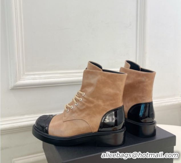Luxurious Chanel Patent & Calfskin Laced-up Ankle Boots 3.5cm Beige 2025 CH083006