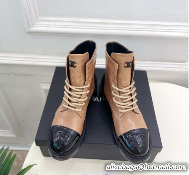 Luxurious Chanel Patent & Calfskin Laced-up Ankle Boots 3.5cm Beige 2025 CH083006