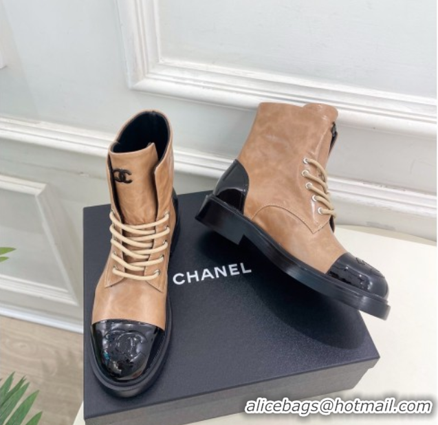 Luxurious Chanel Patent & Calfskin Laced-up Ankle Boots 3.5cm Beige 2025 CH083006