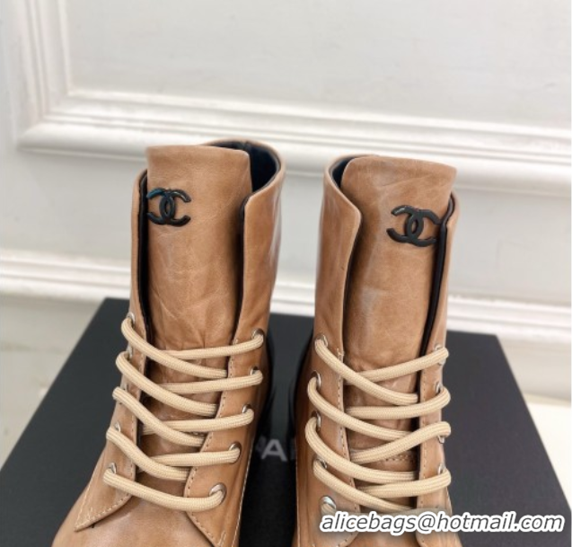 Luxurious Chanel Patent & Calfskin Laced-up Ankle Boots 3.5cm Beige 2025 CH083006