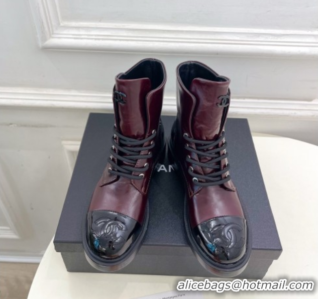Good Quality Chanel Patent & Calfskin Laced-up Ankle Boots 3.5cm Burgundy 2025 CH083006