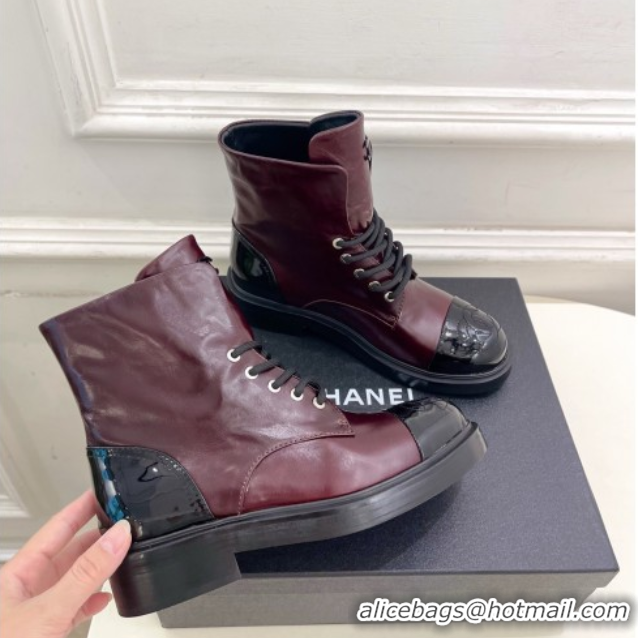 Good Quality Chanel Patent & Calfskin Laced-up Ankle Boots 3.5cm Burgundy 2025 CH083006