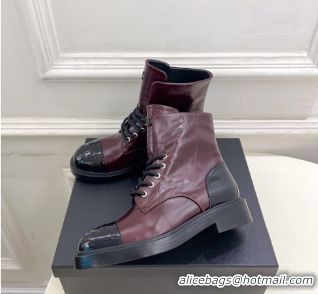 Good Quality Chanel Patent & Calfskin Laced-up Ankle Boots 3.5cm Burgundy 2025 CH083006