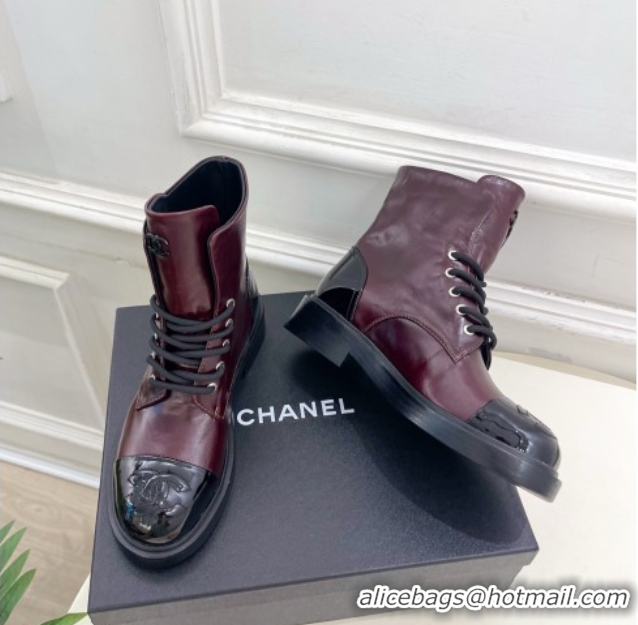 Good Quality Chanel Patent & Calfskin Laced-up Ankle Boots 3.5cm Burgundy 2025 CH083006
