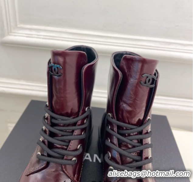 Good Quality Chanel Patent & Calfskin Laced-up Ankle Boots 3.5cm Burgundy 2025 CH083006