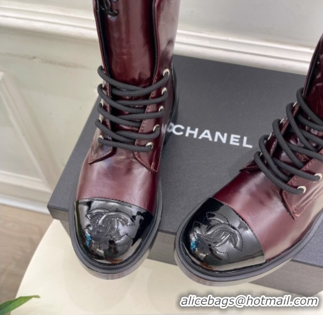 Good Quality Chanel Patent & Calfskin Laced-up Ankle Boots 3.5cm Burgundy 2025 CH083006