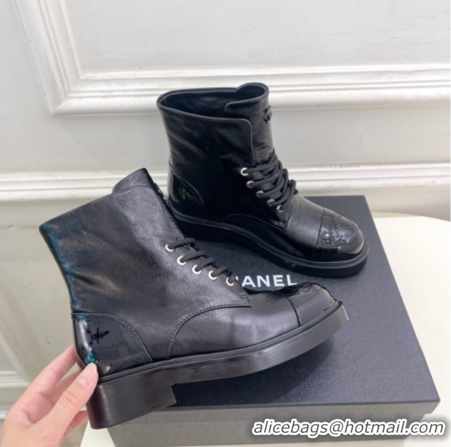 Good Looking Chanel Patent & Calfskin Laced-up Ankle Boots 3.5cm Black 2025 CH083006