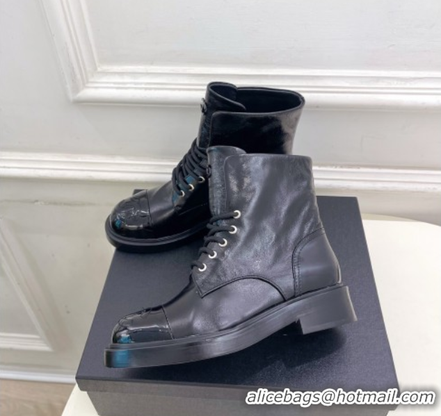 Good Looking Chanel Patent & Calfskin Laced-up Ankle Boots 3.5cm Black 2025 CH083006