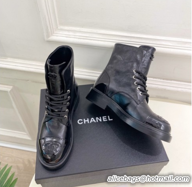 Good Looking Chanel Patent & Calfskin Laced-up Ankle Boots 3.5cm Black 2025 CH083006