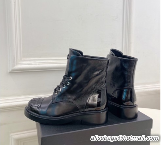 Good Looking Chanel Patent & Calfskin Laced-up Ankle Boots 3.5cm Black 2025 CH083006